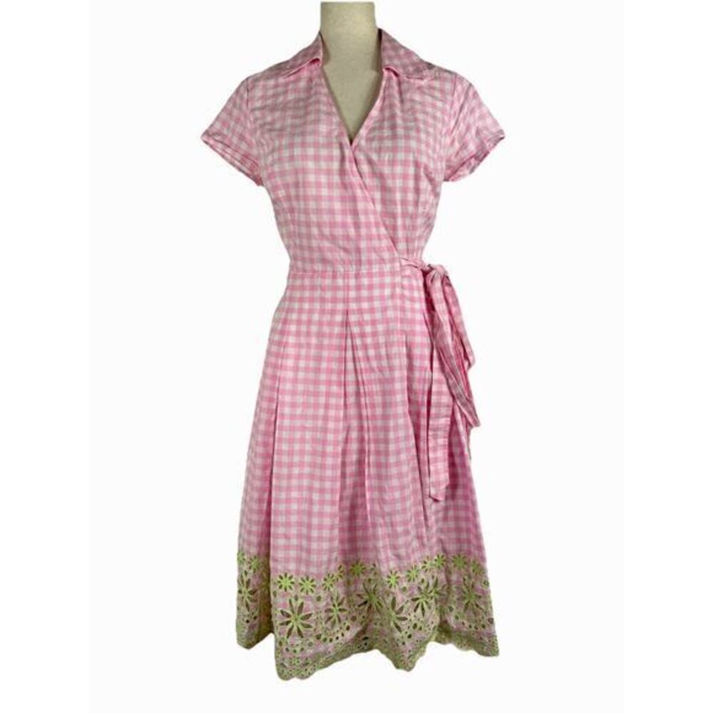 Lilly Pulitzer Pink Gingham Wrap Midi Dress with Green Eyelet Hem